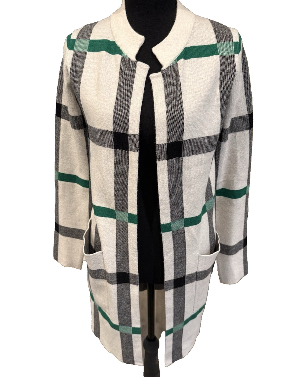 Tahari Long-sleeved Cardigan Mid-length Plaid White Green Black Size XS